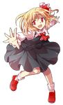  :d alphes_(style) ascot blonde_hair blouse dairi fang foreshortening full_body hair_ribbon open_mouth parody red_eyes ribbon rumia short_hair skirt smile solo style_parody touhou transparent_background v-shaped_eyebrows vest 