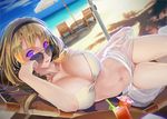  :p beach bikini blonde_hair blush breasts caesar_(drink) chair cleavage day hairband highres large_breasts looking_at_viewer lying navel ocean okingjo on_side original outdoors purple_eyes short_hair sky smile solo sunglasses swimsuit table tongue tongue_out white_bikini 