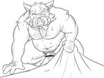  boar chubby eyebrows hair kemono male mammal monochrome navel oogamikennta penis porcine precum pubes simple_background solo sweat tongue tongue_out uncut 