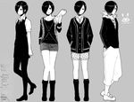  alternate_costume boots bunny costume_chart frown grey_background greyscale hair_over_one_eye hands_in_pockets kirishima_touka long_sleeves monochrome nakotoka_sham pantyhose severed_arm severed_limb shoes short_hair shorts skirt sneakers spoilers tokyo_ghoul 