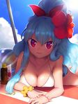  bad_id bad_pixiv_id bikini blue_hair bracelet breasts cleavage day flower hair_flower hair_ornament hair_ribbon hibiscus highres jewelry lens_flare linus_falco long_hair looking_at_viewer lying medium_breasts o5doc on_stomach outdoors ponytail red_eyes ribbon scrunchie shade solo sun sun_(symbol) swimsuit sword_girls 