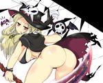 1girl :p artist_request ass bent_over blonde_hair blush bra bracelet breasts cape come_hither from_behind hat jewelry large_breasts leaning leaning_forward looking_at_viewer naughty_face panties peace_symbol red_eyes ring rosary scythe seductive_smile senran_kagura senran_kagura_(series) senran_kagura_shinovi_versus shiki_(senran_kagura) shiny shiny_skin skull solo thong tongue tongue_out underwear weapon 