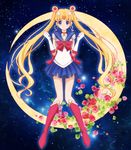  back_bow bishoujo_senshi_sailor_moon bishoujo_senshi_sailor_moon_crystal blonde_hair blue_background blue_eyes blue_sailor_collar blue_skirt boots bow brooch choker crescent_moon double_bun elbow_gloves flower full_body gloves hair_ornament hairpin highres jewelry knee_boots knees_together_feet_apart long_hair lyra-kotto moon pleated_skirt red_bow red_choker red_flower red_rose ribbon rose sailor_collar sailor_moon sailor_senshi_uniform skirt smile solo standing tsukino_usagi twintails very_long_hair white_gloves 