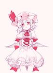  arms_behind_back ascot bat_wings blush bow corset dress hat hat_bow head_tilt kurokuro looking_at_viewer mob_cap monochrome petticoat pink_background pink_dress pointy_ears puffy_short_sleeves puffy_sleeves red_eyes remilia_scarlet short_sleeves silver_hair simple_background solo spot_color touhou wings 