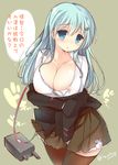  blue_eyes blue_hair blush breasts cleavage kantai_collection large_breasts long_hair looking_at_viewer solo suzuya_(kantai_collection) translation_request watanon_(gakushokutei) 
