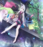  animal_ears bamboo bare_legs barefoot bell belt fox fox_ears fox_tail highres hood hoodie looking_up nagishiro_mito navel original pillow short_shorts shorts solo tail tea white_hair yellow_eyes 