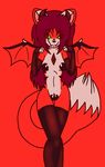  canine cat clothed clothing demon feline female fox foxcat fur gloves green_eyes hair horn invalid_tag legwear linda_wright looking_at_viewer mammal plain_background red_background red_fur red_hair skimpy solo stockings succubus terdburgler wings 