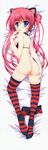  :o absurdres animal_ears black_bra black_legwear black_panties blue_eyes blush boyshorts bra bra_pull breasts cat_ears dakimakura flame_print full_body highres huge_filesize large_breasts long_hair maria_dodge no_pussy panties panties_removed pink_hair red_legwear revolver_girl_hammer_lady shimesaba_kohada sideboob solo spread_legs striped striped_legwear thighhighs twintails underwear 