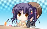  1girl 3-nin_iru! bell blush game_cg nakase_nagisa purple_hair short_hair smile suzui_narumi yellow_eyes 