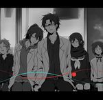  3girls bangs belt black_serafuku boy_sandwich closed_eyes collared_shirt cube days_(kagerou_project) dress_shirt enpera facial_hair family girl_sandwich glasses hair_ornament hairclip head_on_shoulder high_ponytail hood hood_down hoodie husband_and_wife kagerou_project kano_shuuya kido_tsubomi kneehighs labcoat leaning_on_person leaning_to_the_side letterboxed long_hair long_sleeves miniskirt multiple_boys multiple_girls neckerchief nyifu pants pleated_skirt sandwiched scarf school_uniform serafuku shirt short_hair side-by-side sitting skirt sleeping smile string stubble tateyama_ayaka tateyama_ayano tateyama_kenjirou younger 