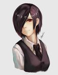  black_hair frown hair_over_one_eye highres kirishima_touka necktie ranh red_eyes short_hair signature simple_background solo tokyo_ghoul uniform upper_body 