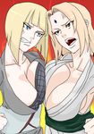  2girls absurdres anger_vein angry artist_request blonde_hair blue_eyes breast_press breasts brown_eyes cleavage clenched_hands clenched_teeth facial_mark highres huge_breasts large_breasts long_hair mattsun_(lyohei-adgjmptw) multiple_girls naruto naruto_shippuuden ninja samui short_hair teeth tsunade 