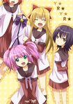  :d akaza_akari black_hair blonde_hair bow brown_eyes costume funami_yui green_eyes hair_bobbles hair_bow hair_ornament hiyori_(sonoma) long_hair looking_at_viewer multiple_girls nanamori_school_uniform open_mouth pink_hair pointing red_hair ribbon school_uniform serafuku short_hair smile toshinou_kyouko twintails v-shaped_eyebrows yoshikawa_chinatsu yuru_yuri 