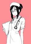  1girl ayatori_(sensei_heroism) dokidoki!_precure glasses hat hishikawa_rikka looking_at_viewer monochrome nurse_cap precure solo stethoscope 