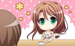  1girl 3-nin_iru! blush brown_hair character_request chracter_request cup game_cg green_eyes long_hair smile suzui_narumi 