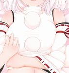  animal_ears bare_shoulders breasts covered_nipples detached_sleeves inubashiri_momiji large_breasts midriff navel nipple_tweak pom_pom_(clothes) ribbon short_hair silver_hair solo suiren_(mystia6b) touhou 