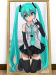  aqua_eyes aqua_hair boots breasts cellphone covered_nipples elbow_gloves female_pov gloves hatsune_miku head_tilt kneeling long_hair mirror necktie o-minato phone pov reflection self_shot skirt small_breasts smile solo thigh_boots thigh_gap thighhighs twintails very_long_hair vocaloid 