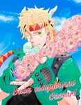  blonde_hair bubble caesar_anthonio_zeppeli facial_mark feathers fingerless_gloves flower gloves green_eyes hair_feathers headband jojo_no_kimyou_na_bouken kujiraku male_focus one_eye_closed solo 