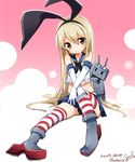  absurdres ayakashi_(monkeypanch) black_panties blonde_hair blush elbow_gloves gloves hairband highres kantai_collection long_hair looking_at_viewer panties shimakaze_(kantai_collection) skirt solo striped striped_legwear thighhighs underwear yellow_eyes 