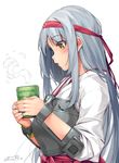  2014 blush brown_eyes cup dated hairband happa_(cloverppd) highres holding japanese_clothes kantai_collection long_hair muneate open_mouth shoukaku_(kantai_collection) silver_hair simple_background solo steam yunomi 