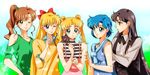  aino_minako bare_shoulders bishoujo_senshi_sailor_moon bishoujo_senshi_sailor_moon_crystal black_cat black_hair blonde_hair blouse blue_background blue_eyes blue_hair bow brown_hair cat collarbone crescent crossed_arms double_bun dress_shirt earrings facial_mark finger_to_face gradient gradient_background green_background green_shirt hair_bobbles hair_ornament half_updo hand_on_hip hand_on_shoulder hino_rei jewelry kino_makoto long_hair long_sleeves luna_(sailor_moon) mizuno_ami multiple_girls one_eye_closed open_mouth orange_shirt parted_lips ponytail profile purple_eyes red_bow red_eyes shirt short_hair sleeveless standing star starry_background suspenders sweater t_growing tsukino_usagi twintails two-tone_background 