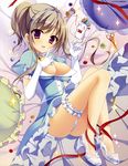  absurdres breasts brown_hair cinderella cinderella_(grimm) cleavage dress elbow_gloves glass_slipper gloves high_heels highres leg_garter legs matsumiya_kiseri medium_breasts mouse needle no_socks panties pantyshot pillow ponytail purple_eyes solo spool tiara underwear white_gloves white_panties 