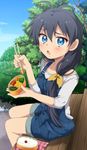  black_hair blue_eyes blush food ganaha_hibiki hiiringu idolmaster idolmaster_(classic) long_hair lunchbox md5_mismatch overalls ponytail pout solo 