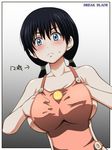  &gt;:( apron awa black_hair blue_eyes blush break_blade breast_hold breasts cleo_saubraffe copyright_name frown large_breasts long_hair low_twintails naked_apron sideboob solo translation_request twintails v-shaped_eyebrows 