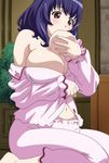  blue_hair breast_sucking breasts highres huge_breasts pajamas red_eyes screencap seikon_no_qwaser self_breast_sucking stitched yamanobe_tomo 