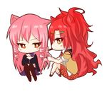  akuma_no_riddle animal_ears blush bright_pupils food hair_ornament hairclip inukai_isuke long_hair multiple_girls nyasa pink_hair pocky red_hair sagae_haruki school_uniform skirt yuri 