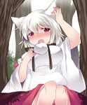  blush breasts commentary_request hammer_(sunset_beach) hand_on_ear inubashiri_momiji large_breasts no_hat no_headwear open_mouth pom_pom_(clothes) red_eyes short_hair skirt solo touhou tree white_hair wide_sleeves 