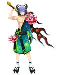  abs blue_eyes blue_hair flower full_body headphones highres horns male_focus official_art onigiri_(mmorpg) solo susanoo_(onigiri) sword tattoo transparent_background wakaba weapon 