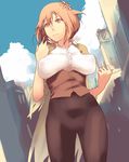 breasts brown_eyes brown_hair cameltoe day huge_breasts niko_(toitoi210) original outdoors pantyhose solo 