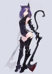  animal_ears axe blood blue_eyes boots dual_wielding elbow_gloves gloves hair_over_one_eye holding original pump_(pumpqmuq) purple_hair solo tail thigh_boots thighhighs weapon 