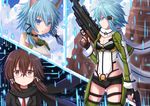  animal_ears asada_shino blue_eyes blue_hair breasts brown_eyes brown_hair cat_ears cleavage fingerless_gloves glasses gloves gun hair_ornament hairclip highres kazenokaze multiple_persona paneled_background pgm_hecate_ii rifle scarf short_hair short_shorts shorts sinon sinon_(sao-alo) small_breasts sniper_rifle sword_art_online weapon 