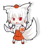  animal_ears bare_shoulders breasts chibi detached_sleeves fang geta hat honda_takaharu inubashiri_momiji midriff navel open_mouth pom_pom_(clothes) red_eyes shield short_hair silver_hair simple_background small_breasts solo sword tail tokin_hat touhou weapon white_background wolf_ears wolf_tail 