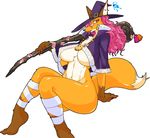  1girl breasts furry hat kazuhiro staff tail underboob witch witch_hat 