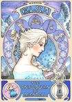  absurdres art_nouveau artist_name braid crown elsa_(frozen) english eyeshadow frozen_(disney) gloves hair_over_shoulder highres key lips long_hair makeup marker_(medium) marshmallow_(frozen) olaf_(frozen) profile scepter silver_hair single_braid snowman solo takumi_(marlboro) traditional_media 