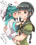  &gt;3&lt; &gt;_&lt; &gt;_o ahoge bangs black_hair blunt_bangs braid carrying closed_eyes eyepatch eyepatch_removed green_eyes green_hair grin hat kantai_collection kiso_(kantai_collection) kiss kitakami_(kantai_collection) mataichi_mataro multiple_girls neckerchief one_eye_closed oversized_clothes sailor_collar sailor_hat scar school_uniform single_braid smile translated younger 