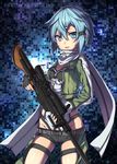  absurdres aqua_hair blue_eyes bolt_action fingerless_gloves gloves groin gun hair_ornament hairclip highres jacket kamome_yuu midriff parted_lips pgm_hecate_ii rifle scarf shiny shiny_skin short_shorts shorts sinon skindentation sniper_rifle solo sword_art_online thigh_strap trigger_discipline weapon 