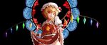  blonde_hair blood blood_from_mouth broken_glass cowboy_shot flandre_scarlet glass hat mr_cloud open_mouth red_eyes short_hair side_ponytail skirt skirt_lift skirt_set solo stained_glass touhou wings wrist_cuffs 