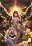  angel angel_wings breasts brown_hair clenched_hands cloud feathered_wings feathers highres hong large_breasts light_rays long_hair looking_at_viewer night night_sky no_bra open_mouth original red_eyes shiny shiny_skin sky solo spread_wings star_(sky) sunbeam sunlight very_long_hair wings 