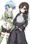  1girl black_eyes black_hair blue_eyes blue_hair breastplate coat fingerless_gloves gloves gun handgun kirito kirito_(sao-ggo) long_hair otoko_no_ko pistol scarf short_hair short_shorts shorts sinon standing sword_art_online weapon yuuki_tokinomado 