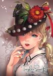  blonde_hair blue_eyes character_name flower hat highres kawacy lipstick long_hair looking_at_viewer makeup nail_polish real_life solo taylor_swift 