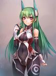  adapted_costume bare_shoulders breasts cameltoe cosplay covered_navel elbow_gloves fingerless_gloves gloves green_hair highres large_breasts looking_at_viewer menou_kaname original purple_eyes solo taimanin_(series) taimanin_asagi taimanin_suit taishi_(picchiridou) 
