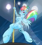  2014 anthro blue_fur breasts butt cutie_mark dancing equine fangs friendship_is_magic fur hair hand_behind_head hooves looking_at_viewer mammal mdgusty multi-colored_hair my_little_pony pegasus piercing purple_eyes rainbow_dash_(mlp) rainbow_hair solo strip_club strip_poll tattoo wings 