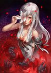  blood blood_on_face breasts cleavage drag-on_dragoon drag-on_dragoon_3 dress flower flower_eyepatch jiro_(ninetysix) long_hair medium_breasts petals red_eyes solo white_hair zero_(drag-on_dragoon) 