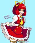  bags_under_eyes blue_(hopebiscuit) bob_cut buttons commentary curtsey dress freckles happy_meal mcdonald's personification red_hair short_hair solo thighhighs 