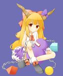  ankle_socks bad_id bad_pixiv_id blue_background bow chain cube cuffs ellipsis_(mitei) gourd hair_bow hand_rest highres horn_ribbon horns ibuki_suika knee_up long_hair looking_at_viewer orange_hair pyramid_(geometry) red_eyes ribbon shackles shirt shoe_ribbon simple_background sitting skirt sleeveless sleeveless_shirt smile solo sphere touhou very_long_hair wrist_cuffs 