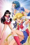  back_bow bare_legs bishoujo_senshi_sailor_moon black_hair blonde_hair blue_choker blue_eyes blue_hair blue_sailor_collar blue_skirt bow cat choker earrings elbow_gloves gloves hino_rei inner_senshi jewelry long_hair luna_(sailor_moon) magical_girl mizuno_ami multiple_girls one_eye_closed panties purple_eyes red_bow red_choker red_sailor_collar red_skirt sailor_collar sailor_mars sailor_mercury sailor_moon sailor_senshi sailor_senshi_uniform shingyouji_tatsuya short_hair skirt star tiara tsukino_usagi twintails underwear upskirt white_gloves 